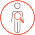 Icon of the person with magnifying glass, representing screening of the ILD symptoms.