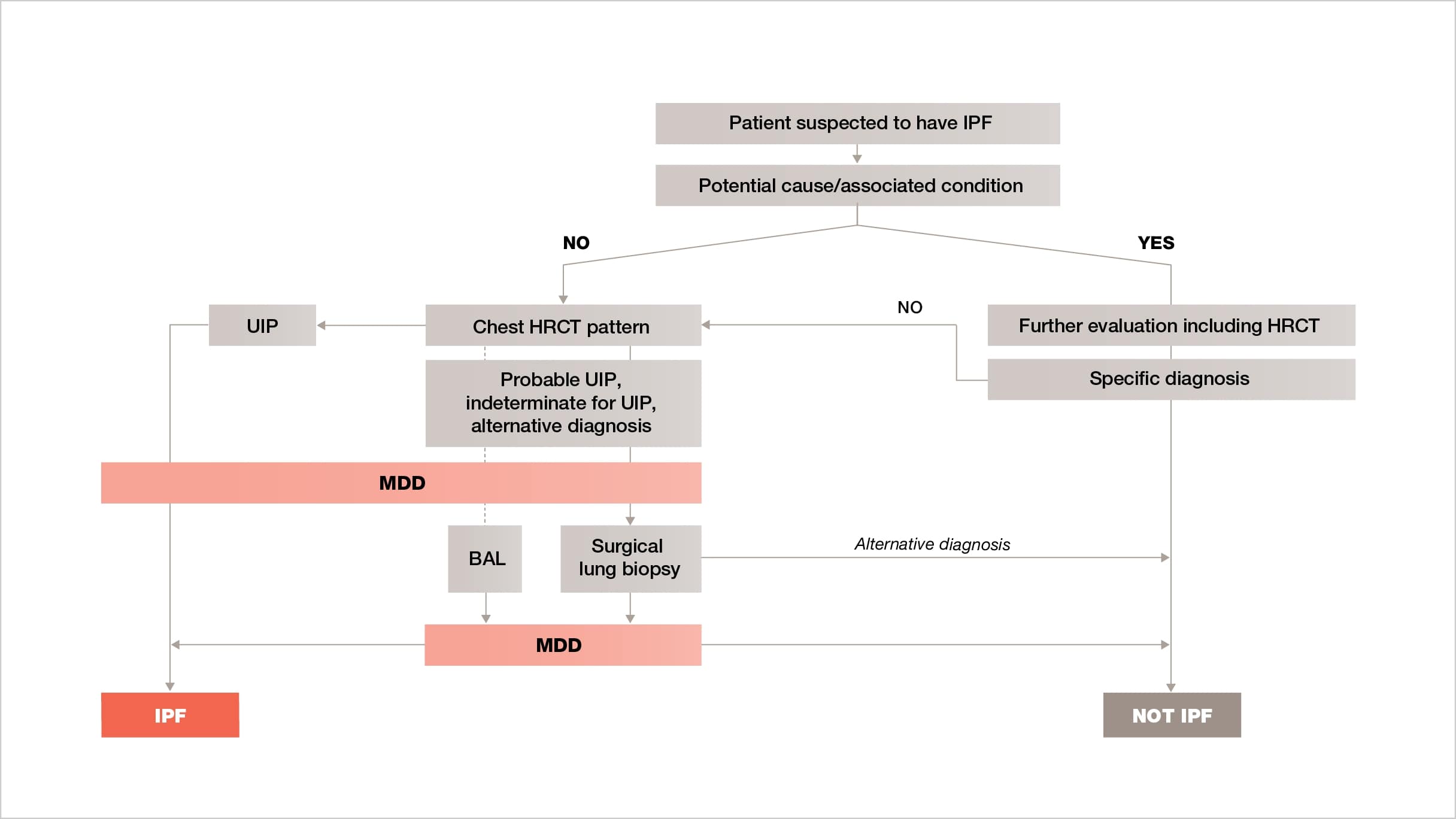 Diagnosis of IPF is confirmed from either HRCT, BAL or surgical lung biopsy