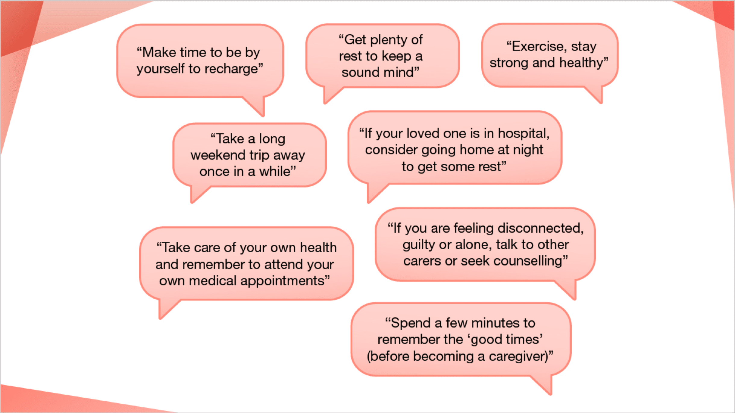 Some self-care tips from other fibrotic ILD caregivers that may be useful19